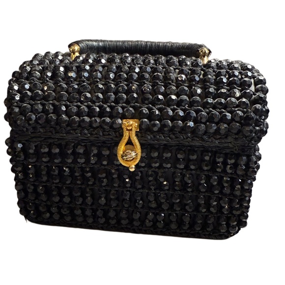 VINTAGE ANTIQUE black beaded box Style purse Elegant Black Beaded Handbag - Picture 2 of 12